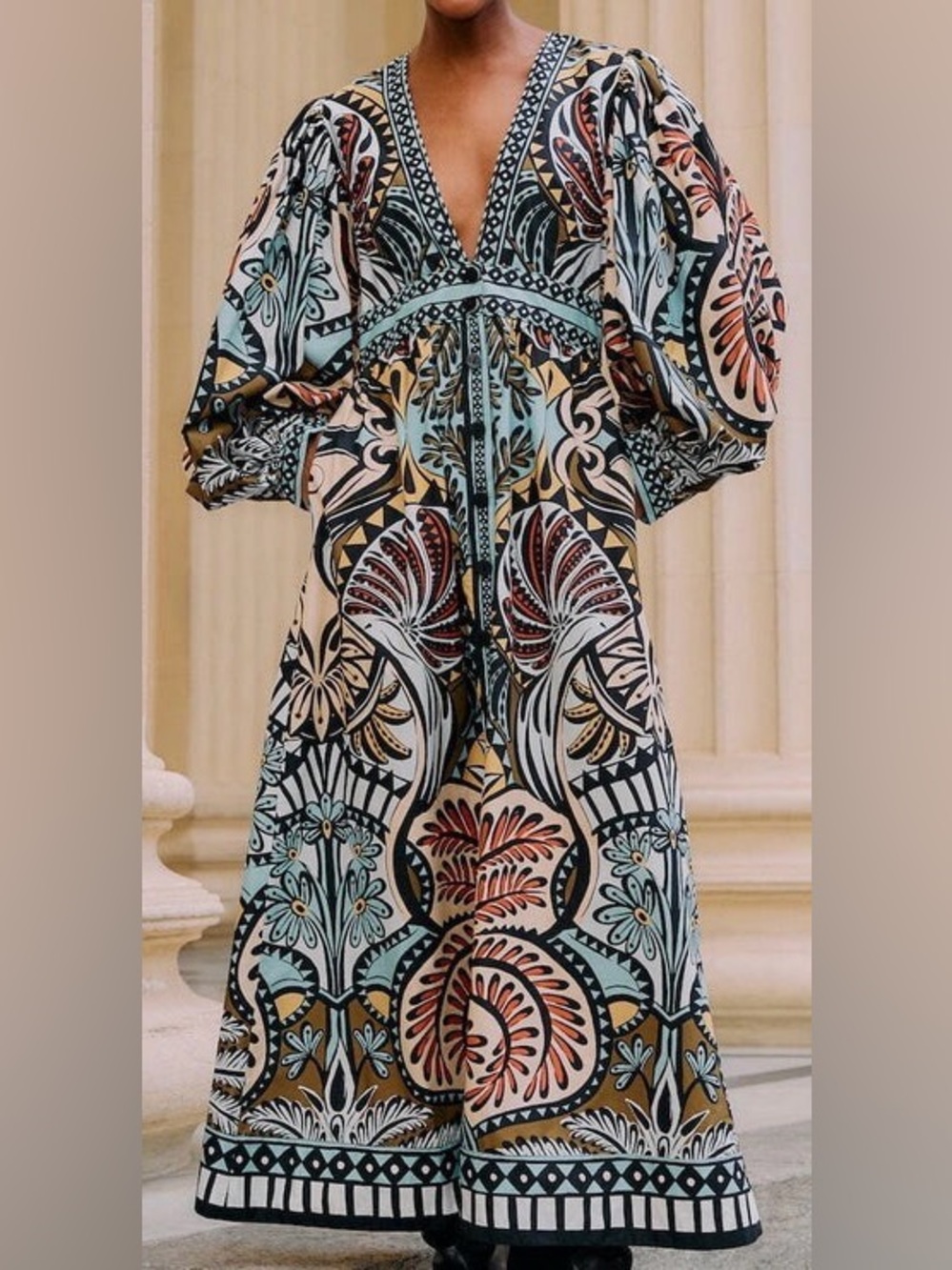FARM Rio Warm Blue /Tan Multi Long Volume Sleeve Maxi Dress: Small - Picture 5 of 16